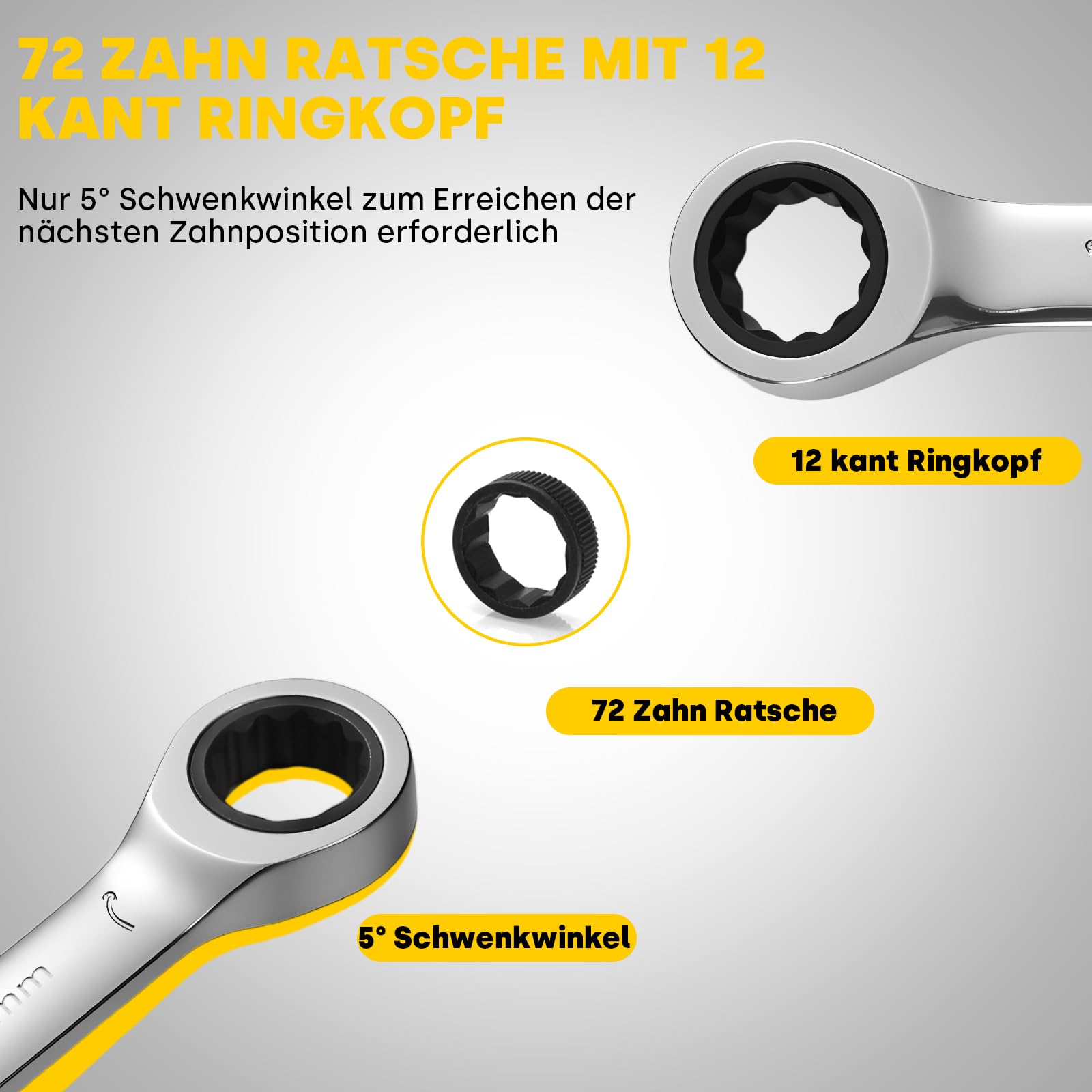 Enventor 14-Tlg Ratschenschlüssel Set, 90 Zähne,5° Schwenkradius–metrisch, 6mm bis 19mm, Ratschen-Kombinationsschlüsselsatz mit Tragetasche, Chrom-Vanadium-Stahl, Schwarz vernickelt
