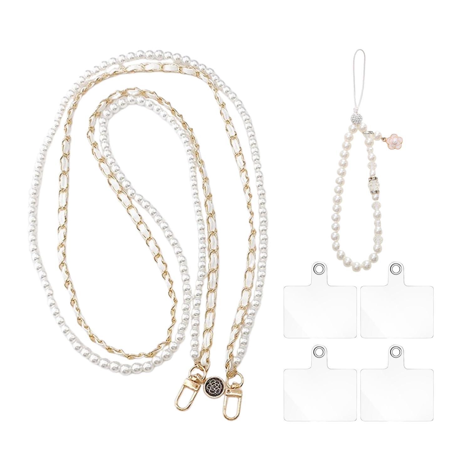 OODJVN 2 Pearl Mobile Phone Lanyard And 4 Mobile Phone Gaskets, Double-Layer Mobile Phone Chain, Leather Hanging Neck Strap, Creative Ornaments.