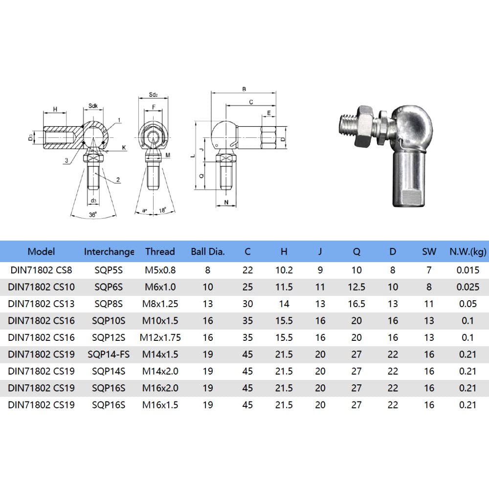 2PCS SQP5S M5 Angle Ball Joint Rod End M5x0.8 Thread Rod End Ball Bearing with Stud,Left Hand Thread