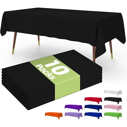 Pureegg Premium Disposable Table Cloth - 10 Pack, 54 x 108 Inch Table Cloths for Parties, Decorative Tablecloths for Rectangle Tables, Black Plastic Table Cover, Leakproof & Sturdy, Black
