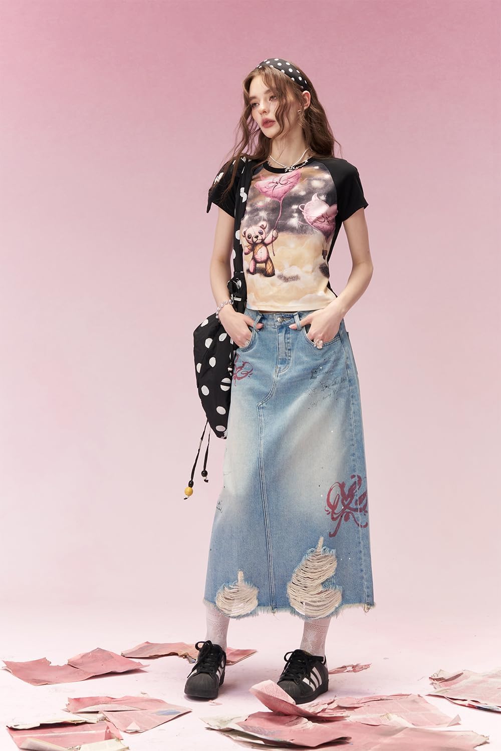 Y2K Distressed Denim Midi Skirt for Women, 90s Grunge Ripped Heart Embroidery Jean Skirt