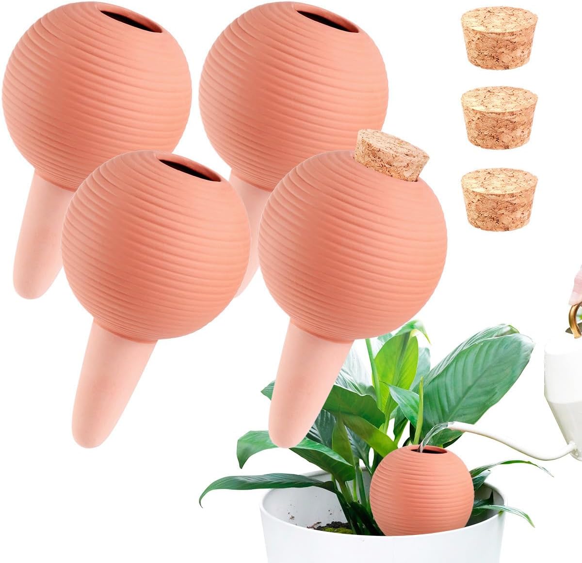 Plant Watering Globes Set of 4, 14oz Terracotta Self-Watering Globes for PottedPlants, Watering Planter Insert Bulbs with Cork Stoppers, Automatic Watering Spikes for Indoor&Outdoor Plants, Orange