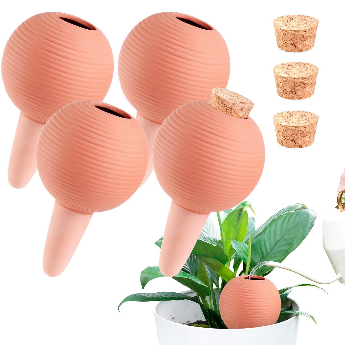 TerraCotta Lot de 4 piquets d'arrosage automatique pour plantes, 400 ml, avec bouchons en liège pour plantes en pot, orange