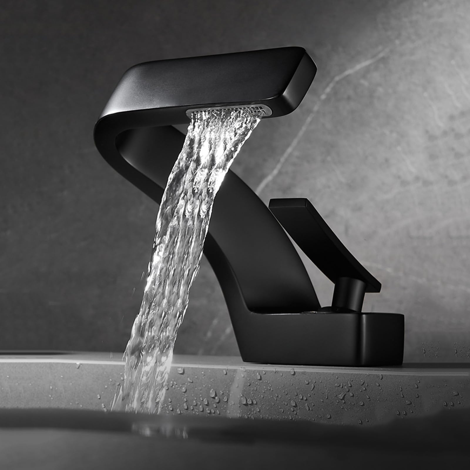 Rubinetto Miscelatore A Cascata Per Lavabo, Nero, Monocomando, In Acciaio Inox, Con Tubi Flessibili Standard G1/2, Installazione 1 Foro