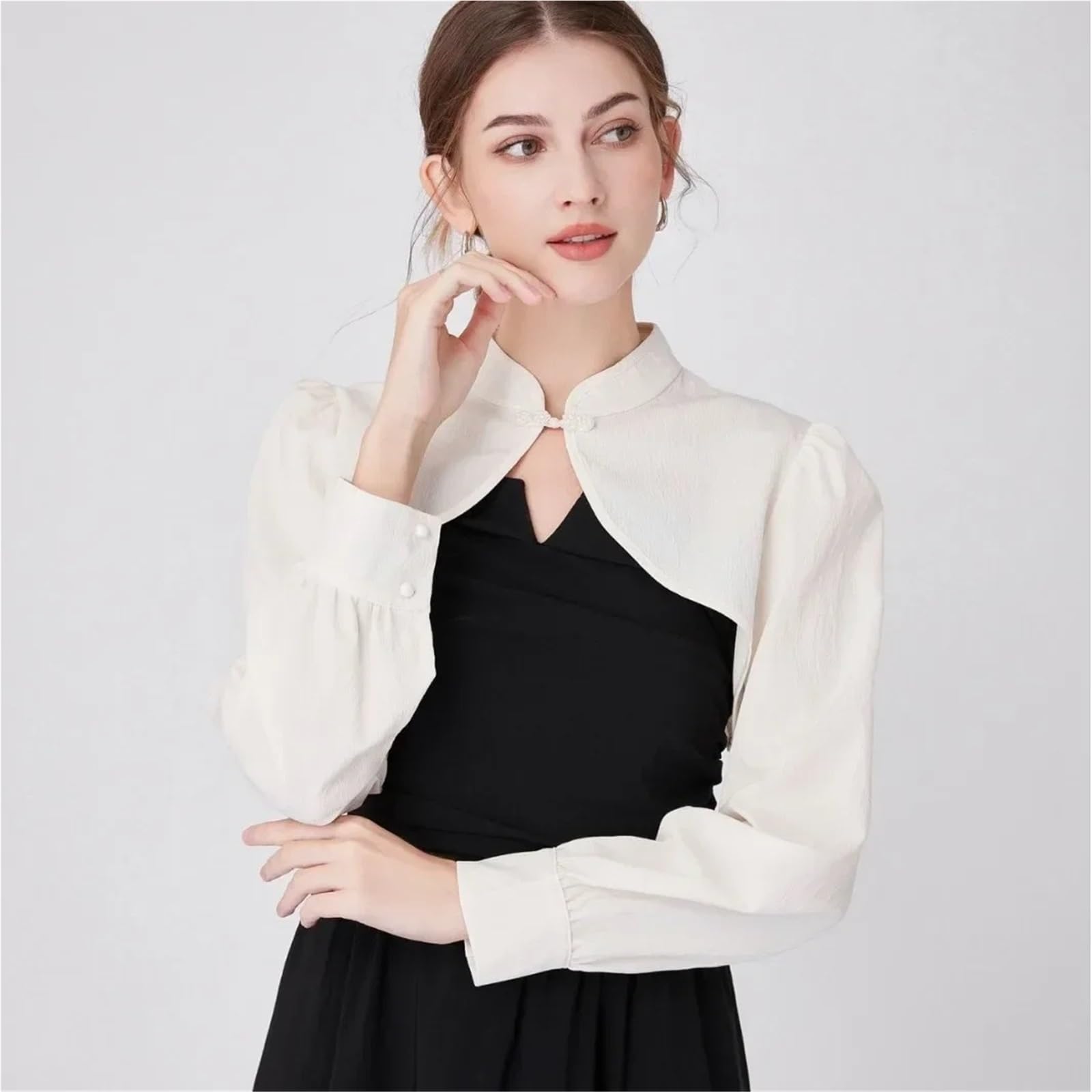1 Pz Donna Manica Lunga Collare Finto Femminile Risvolto Bottone Imbottiture Mezza Top Camicetta Camicia Colletto Staccabile Autunno Maglione Falso per Maglioni