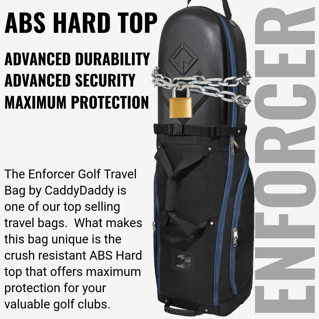 CaddyDaddy Enforcer Golf Travel Bag Crush Resistant Hard Top Protection, New 18 Month Full Replacement Coverage, Durable Thick Nylon Wheels Lockable XL Zippers. Case for Transporting Clubs on Airlines