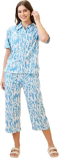 AV2 Women's Cotton Printed Round Neck Short Sleeve Night Suit Set | Capri Set | Casual Night Dress for Women-2892