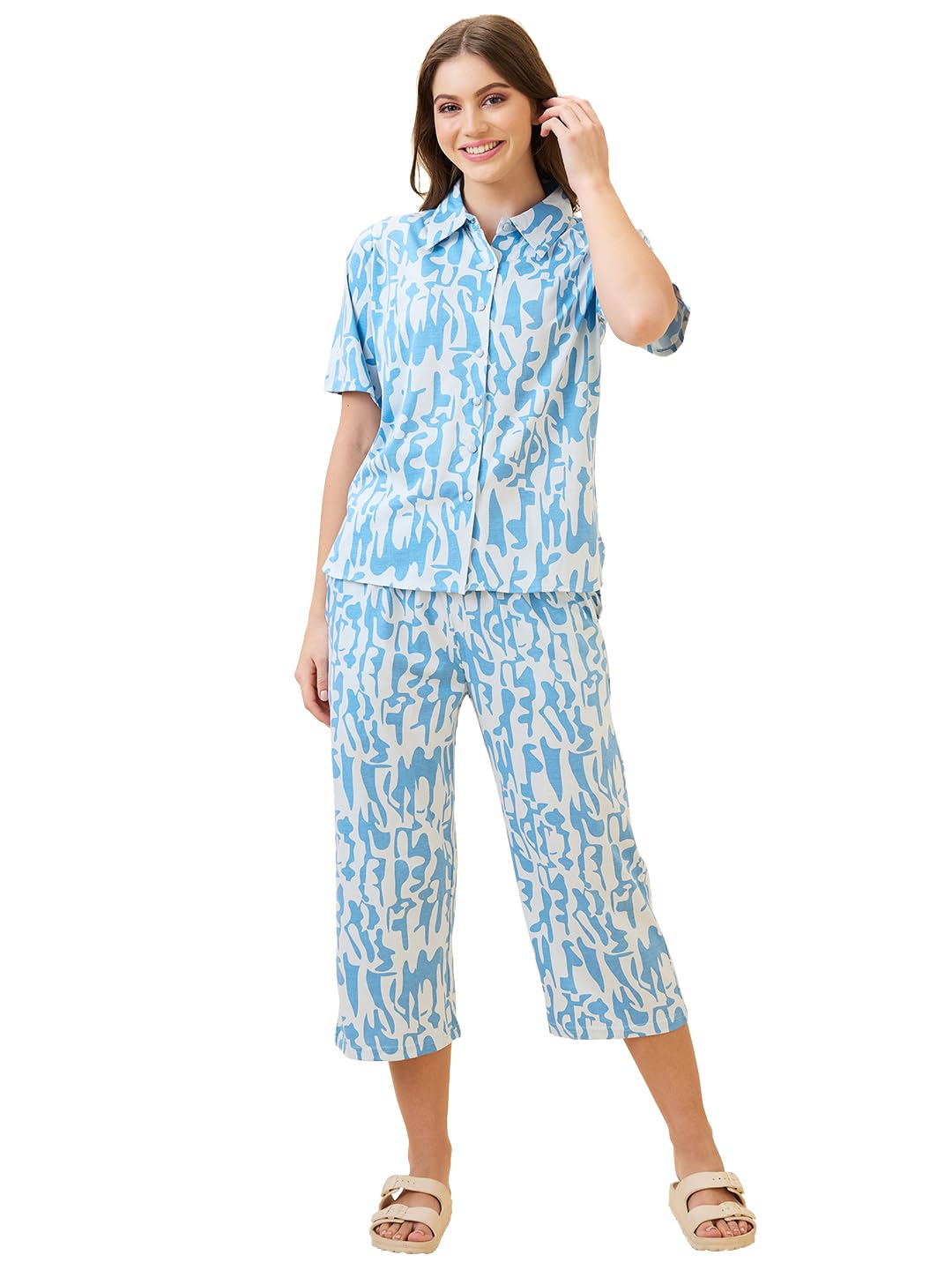 av2 Women's Cotton Printed Round Neck Short Sleeve Night Suit Set | Capri Set | Casual Night Dress for Women-2892-picture-42