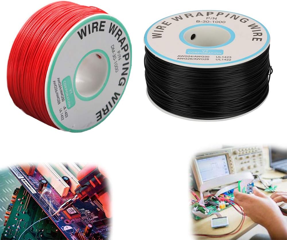 Cable Electrónica 30 AWG,250 Metros(820 Pies) Rollo Cable Eléctrico,Diámetro del Núcleo de 0,25mm(0,01pulg.) Hilo Cobre para Soldadura de Placa de Circuito(Negro,Rojo,250M/Rollo,2Rollo)