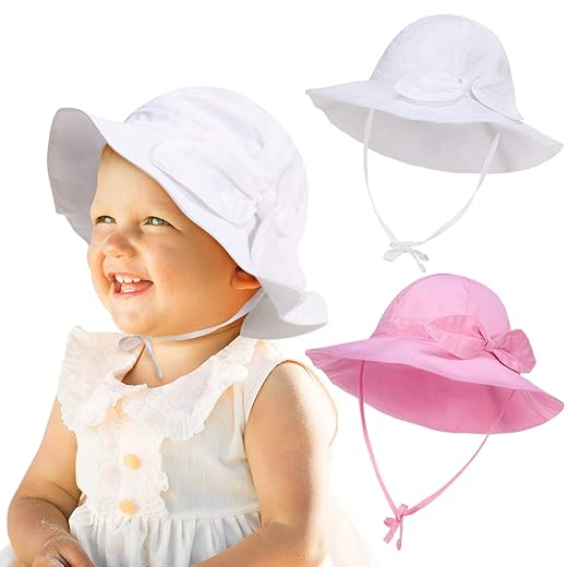 2 Pieces Baby Girl Sun Hat Infant UV Protection Summer Hats with Bows Wide Brim Bucket Hats Adjustable Sunscreen Beach Caps Bowknot Fisherman Caps (Baby of 2-6 Months, White and Pink)