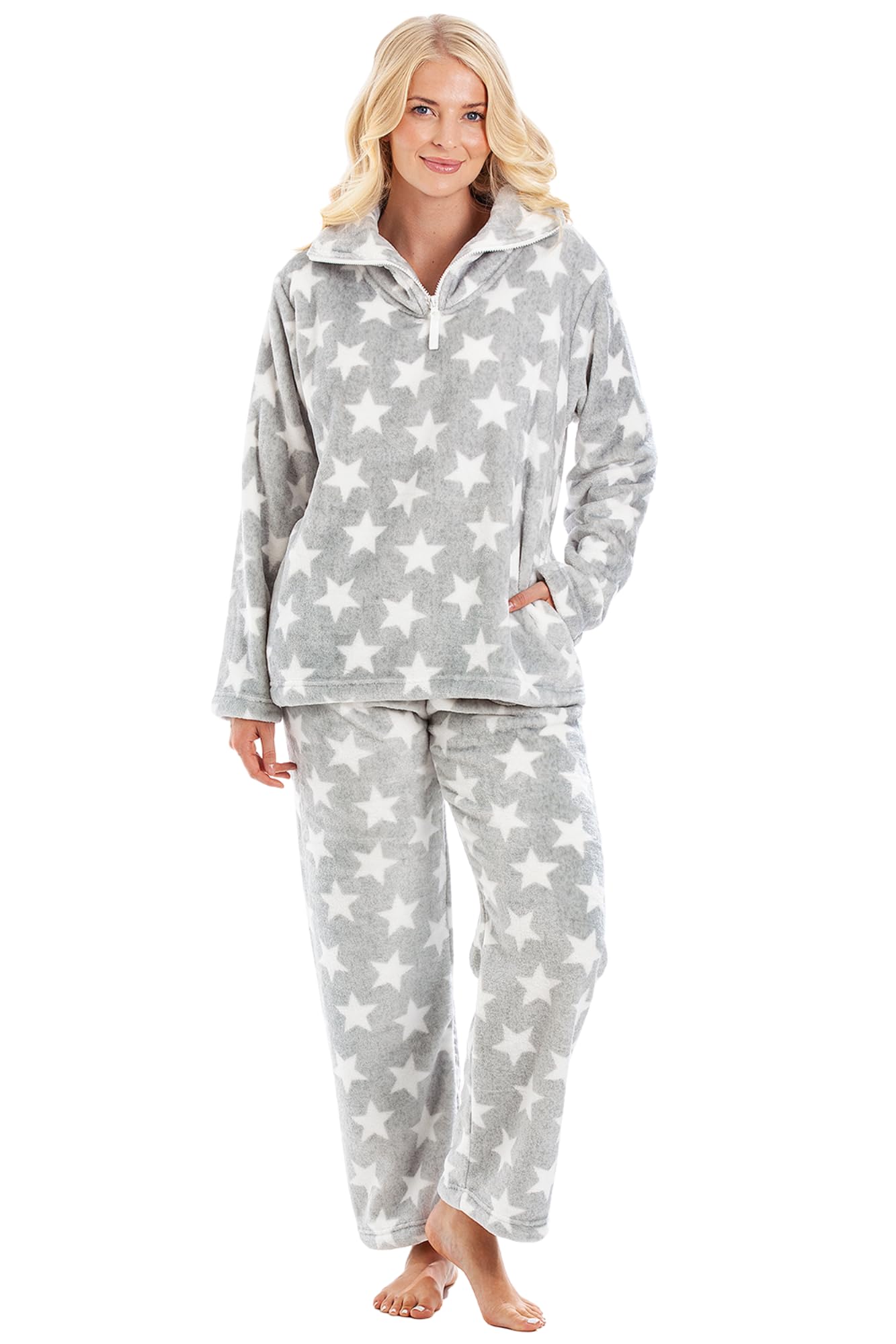 Camille Womens 2 Piece Super Soft Pyjama Set - White Star Print Thick Fleece Full Length P...