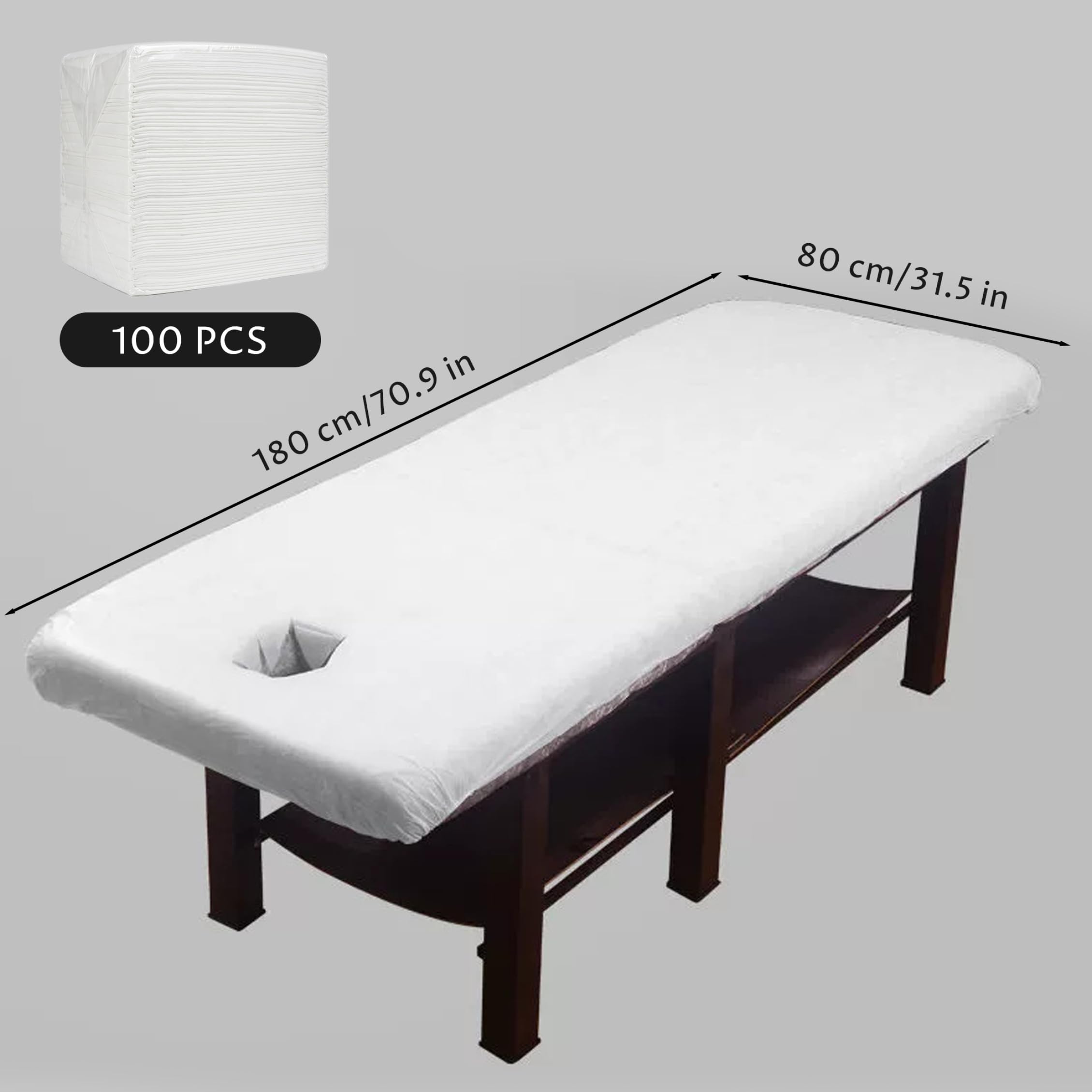 100 Sábanas Desechables, Funda de Cama de Masaje Impermeable a Prueba de Aceite con Sábanas No Tejidas con Orificio para la Cara para Salón de Belleza Spa, 31.5x71 Pulgadas, Desechables