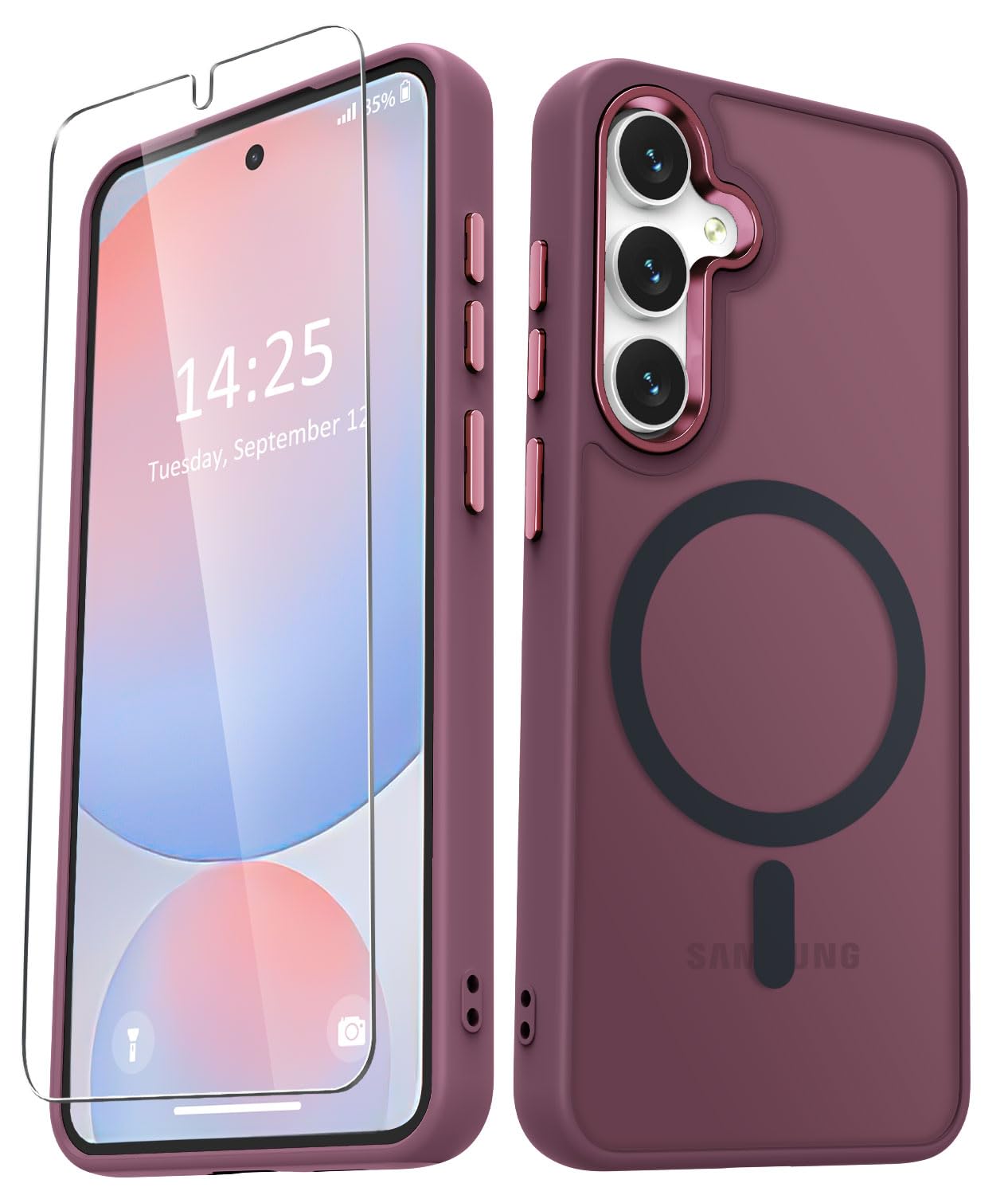 YENAPOON for Samsung Galaxy S24 FE Case, Matte Magnetic Case, Wine Red | Fit for Magsafe, Screen Protector Included, Translucent Frosted Slim Shockproof Protective Phone Cover