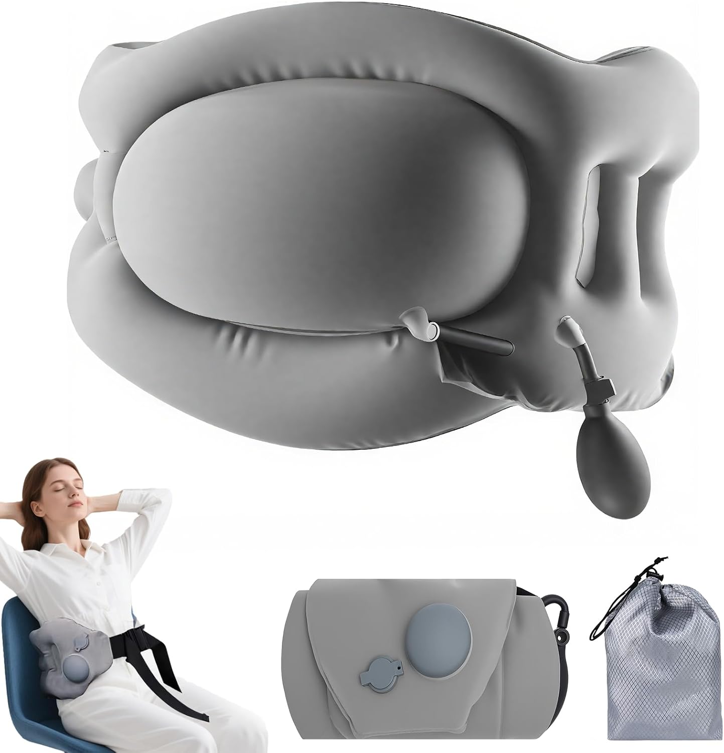Inflatable Back Support Pillow for Travel – Foldable Travel Back Pillow for Airplane, Office, Car, Home – Adjustable Belt & Hand-Press Inflation, Compact & Lightweight