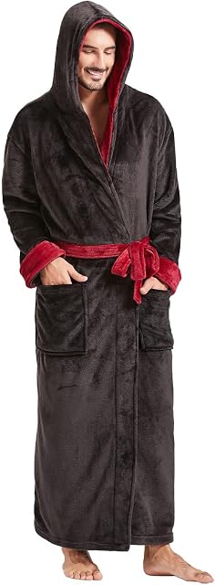 FashGudim Mens Robes Big and Tall with Hood Two-Tone Flannel Fleece Contrast Bathrobe Full Length Plush Long Robe House Coat