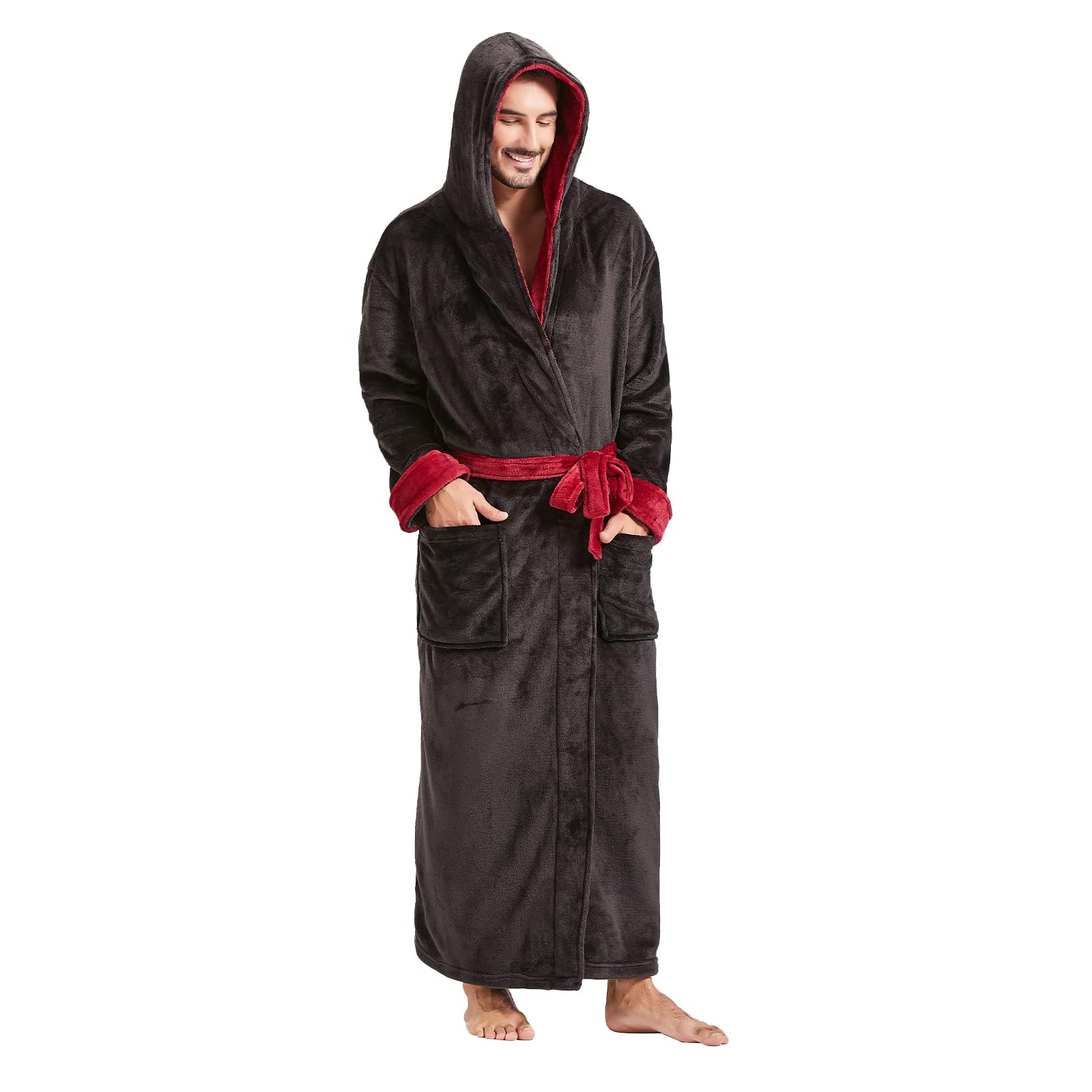 FashGudimMen's Hooded Plush Robe with Black Trim Full Length Plush Long  Robe for Men Big and Tall Warm Fleece Bathrobes House Robes