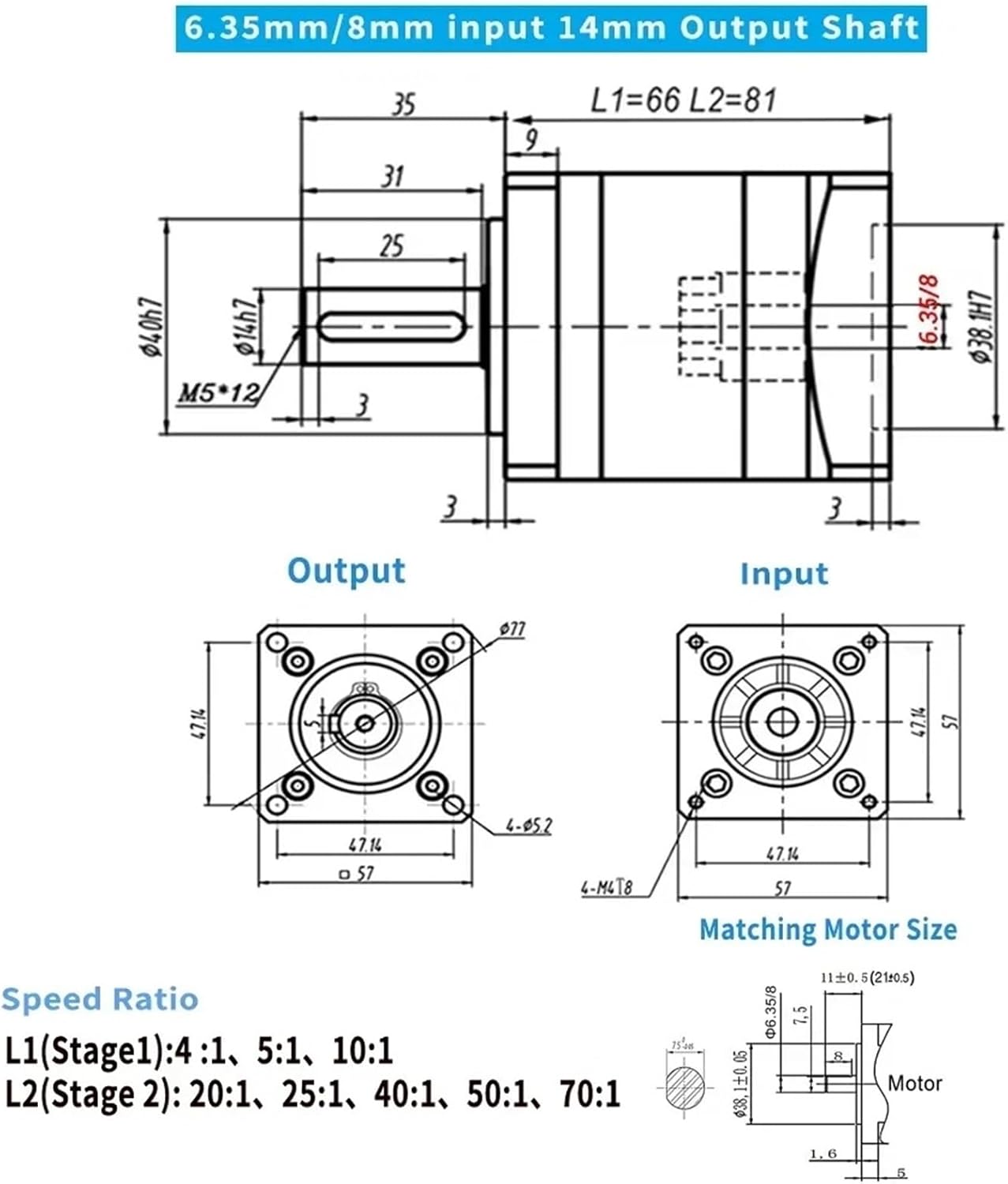 1pcs Nema 23 57mm Stepper Motor Reducer Planetary Gearbox Ratio 5:1 10:1 Step-Down Gear 6.35/8mm Input 14mm Shaft for Textile Machine(8mm Input 14 Output,Ratio 4 to 1)