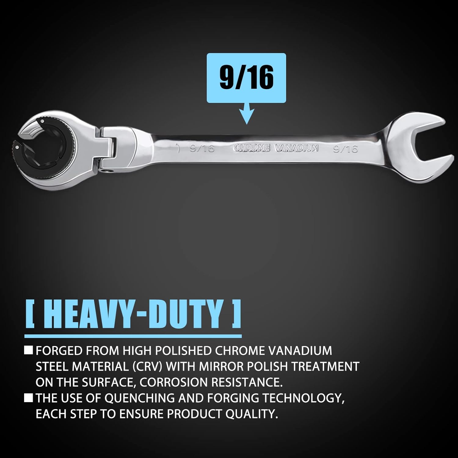 LOSCHEN】1PCS 9/16 Open Flex-Head Ratcheting Wrench, SAE Ratcheting Spanner with 72 Teeth, Chrome Vanadium Steel Tubing Ratchet Spanner