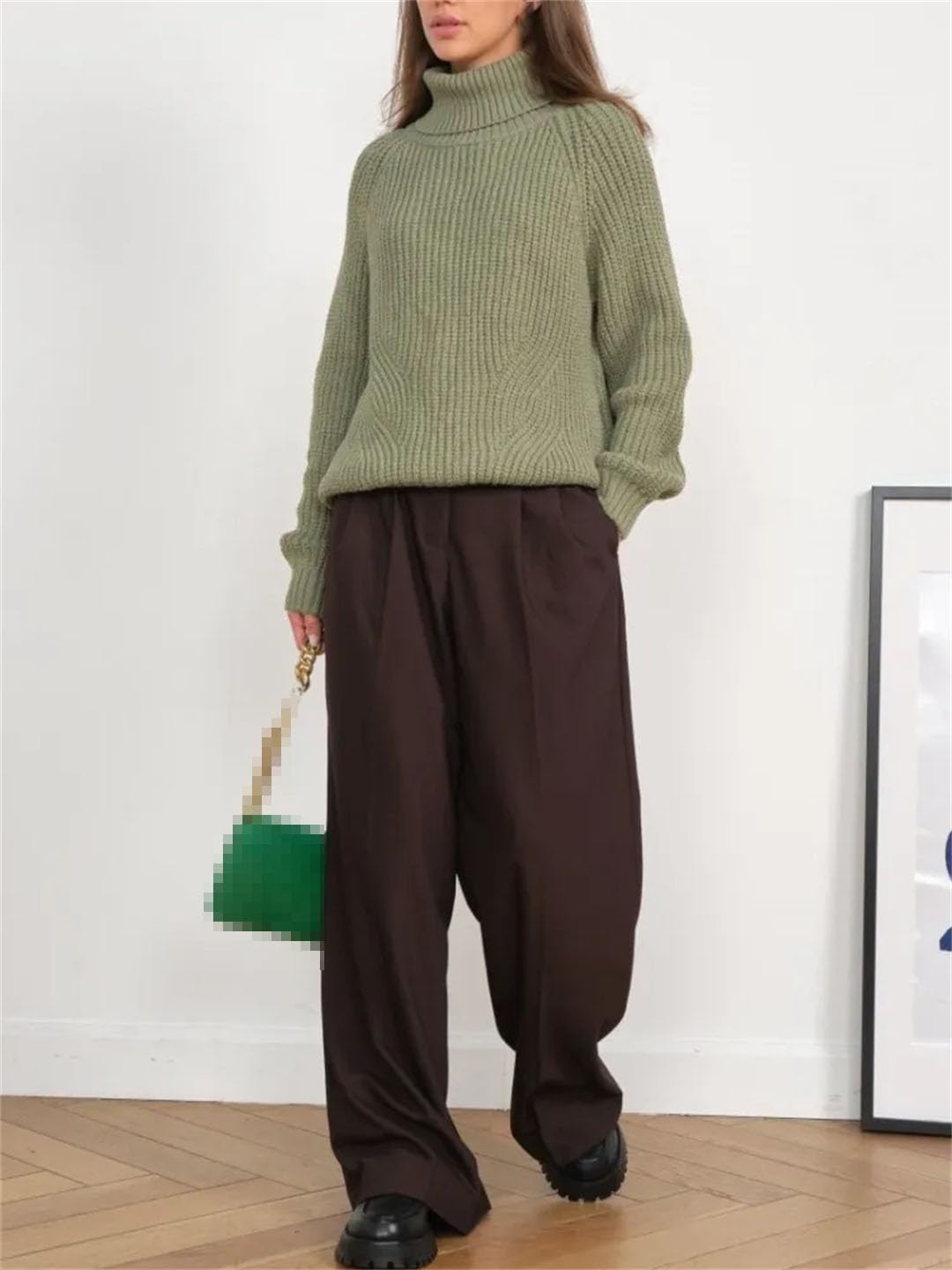Maglione da donna a collo alto lavorato a maglia, maglione oversize a maniche lunghe