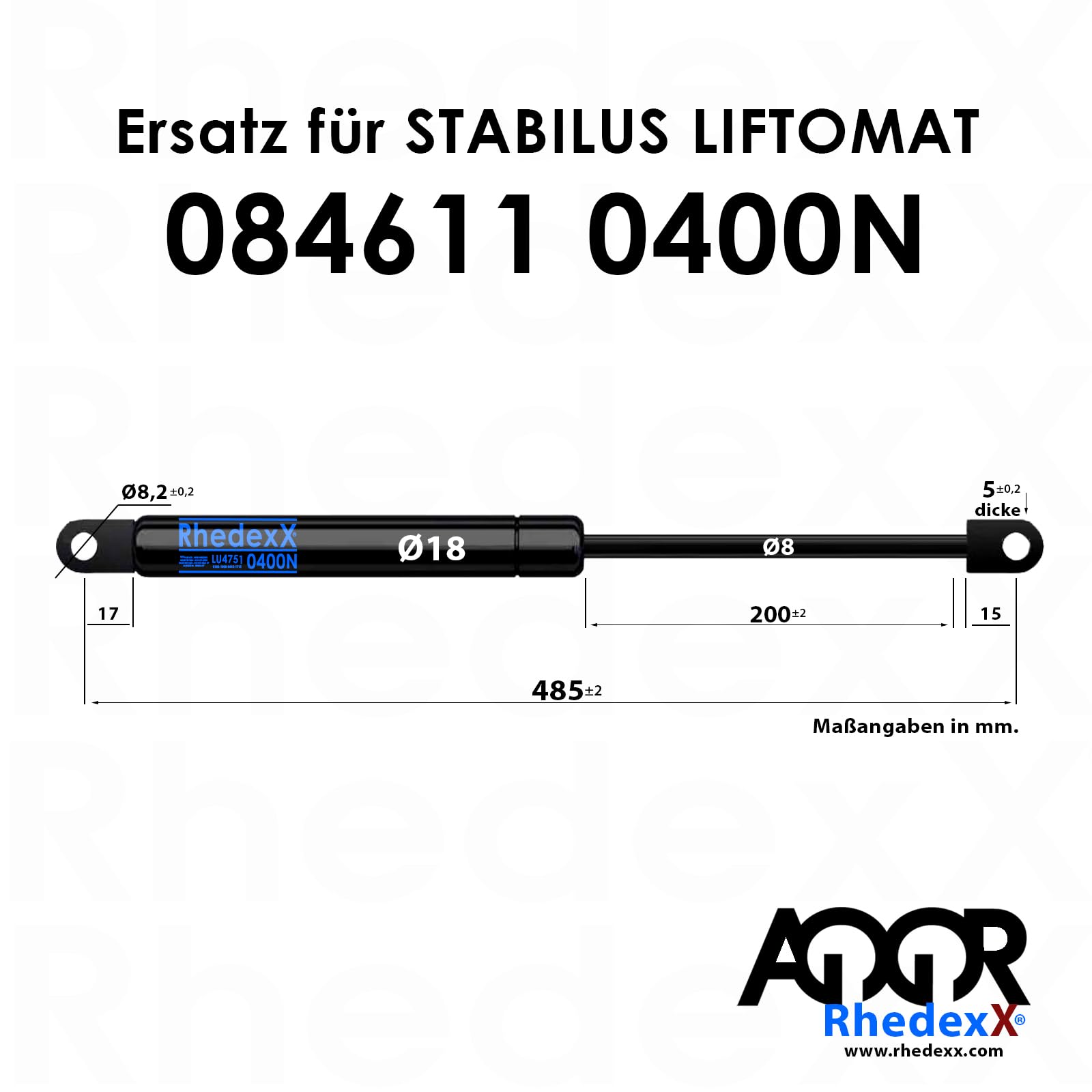 Molle a gas di ricambio per Stabilus Liftomat 084611 0400N, RhedexX® ammortizzatore a gas saldato con occhio articolato, molle a gas, lunghezza 485 mm, corsa 200 mm, forza 400 N (485/200/400N