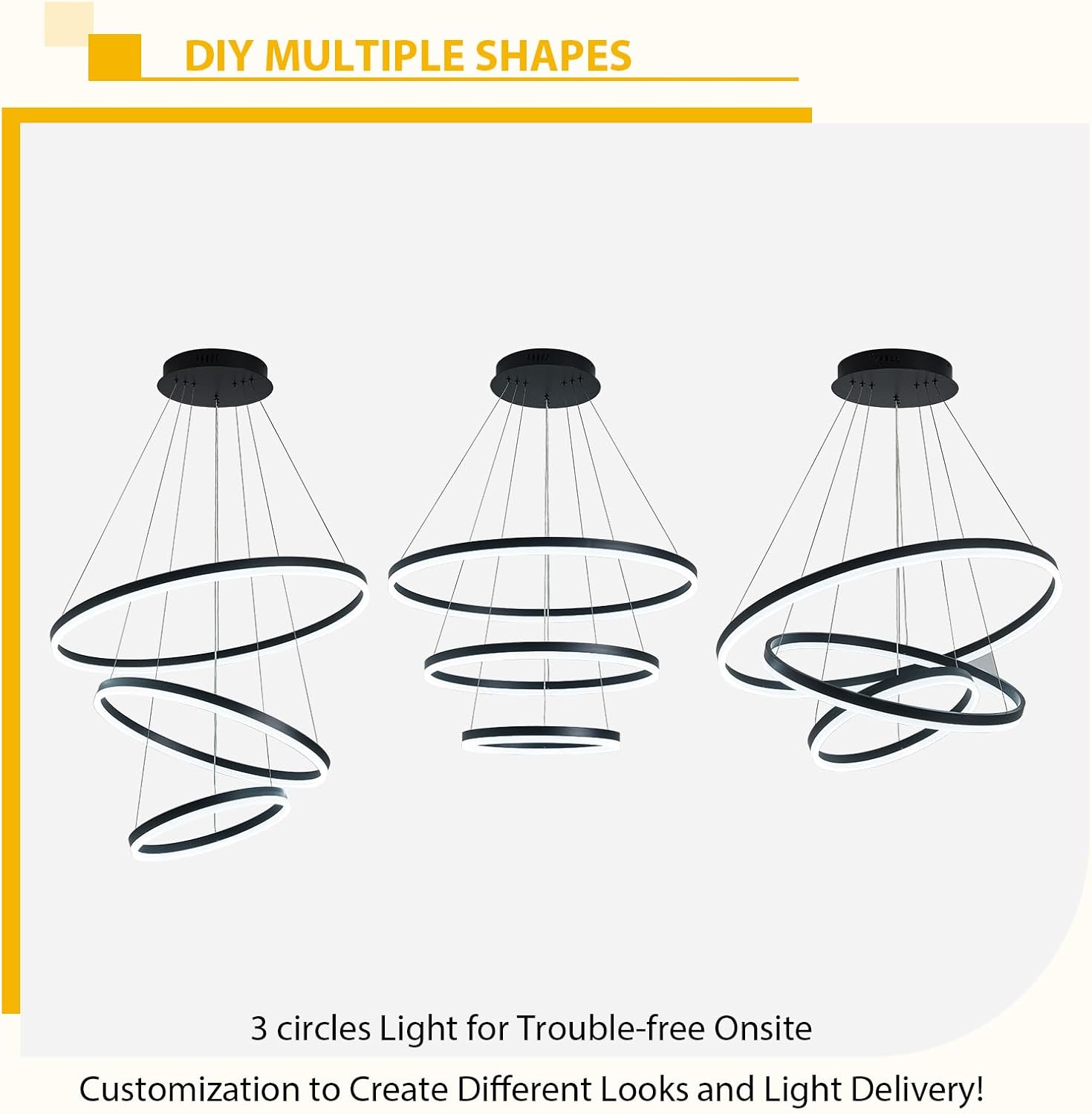 3-Rings LED Black Chandelier Modern Dining Room Light Fixture with Remote Control for Living Room, Office, Entryway, Foyer, Stairwell, Staircase Large Chandelier for High Ceiling 3000K-6000K