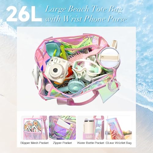 crawing Beach Bag 26L Large Iridescent Waterproof Jelly Tote Bag for Women with Zipper & Phone Pouch Sand/Tip-Proof Crossbody — view 4