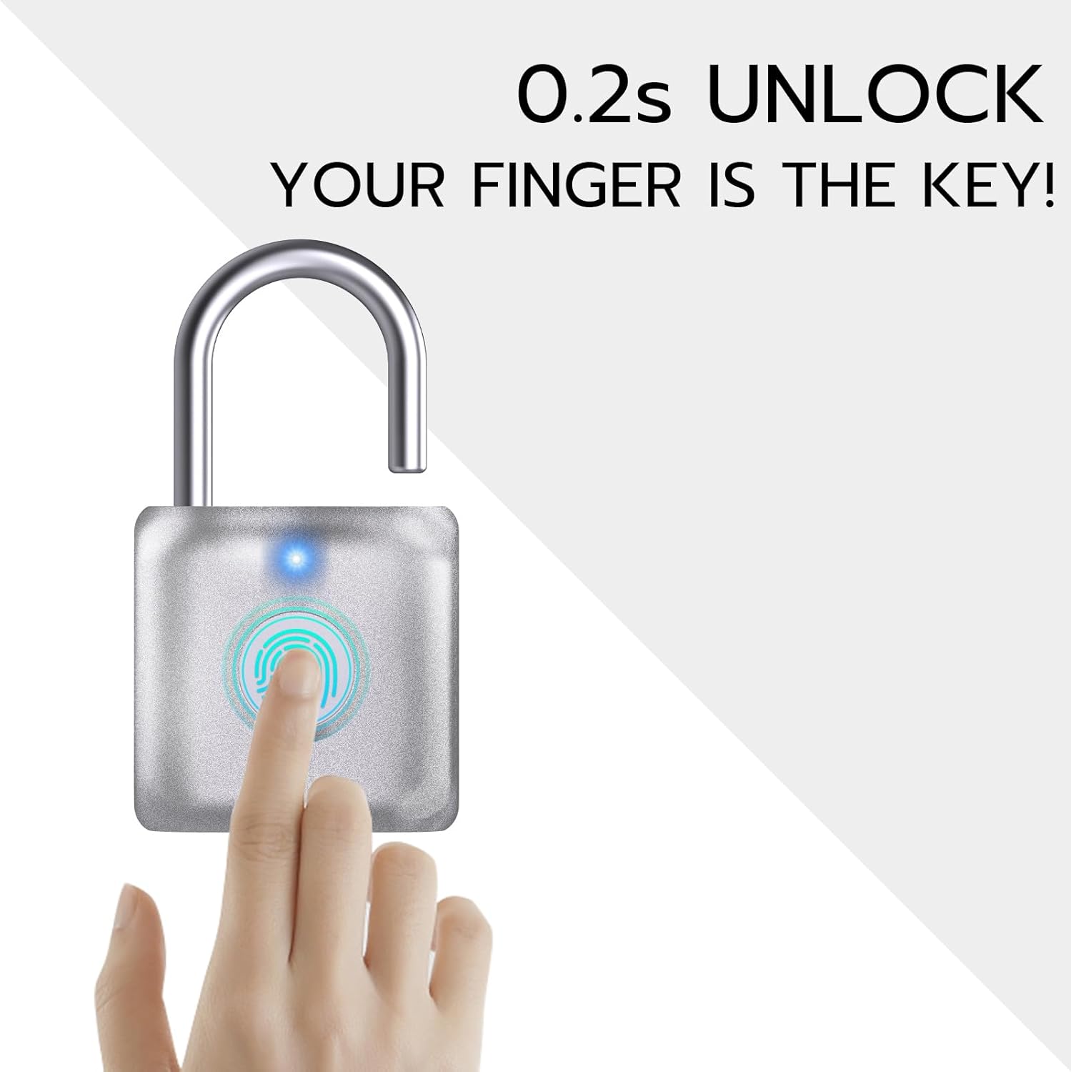 Pothunder Fingerprint Padlock, Smart Padlock, Locker Lock, Biometric Metal Keyless Fingerprint Lock, USB Rechargeable, for Gym Locker, Locker, Luggage, Backpack(Silver)