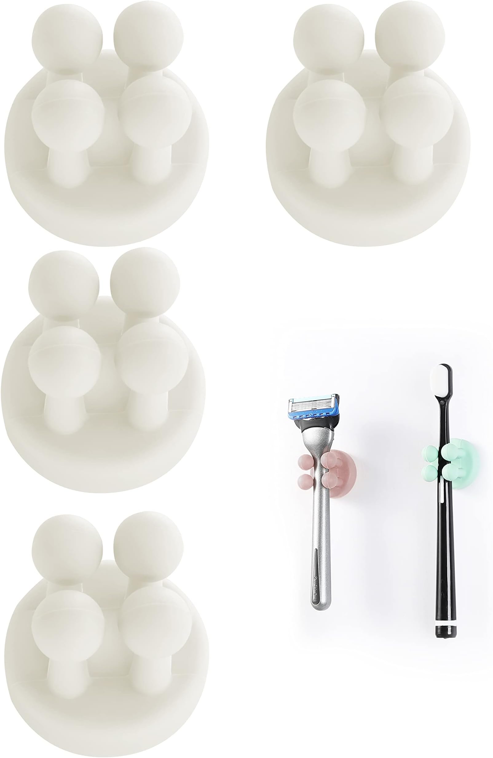 Zayin 4 Pcs Silicone Toothbrush Holder Razor Holder Multi-Function Hook Waterproof Self Adhesive Toothbrush Hook Plug Holder for Wall for Hanging Bathroom Kitchen Living Room Office
