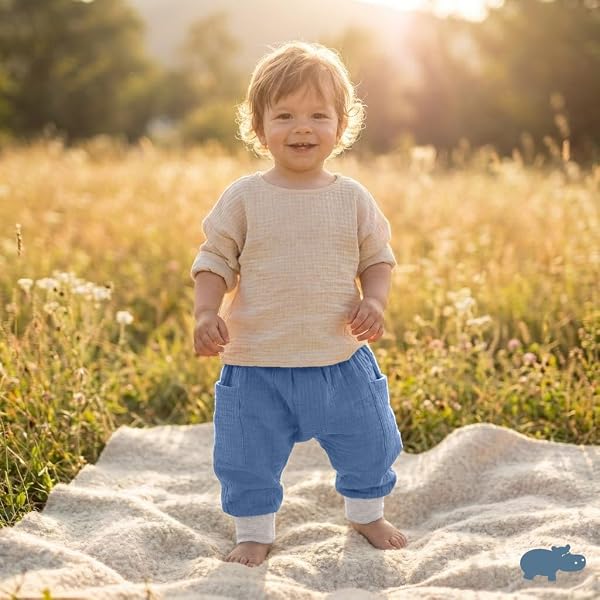 Baby Pumphose – 100% GOTS Bio-Musselin – Extra Weite Haremshose mit elastischen Bündchen für maximale Bewegungsfreiheit – Luftige Pluderhose - 2