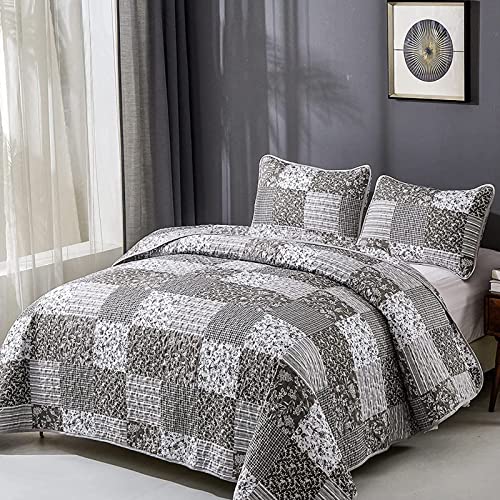 Mybedsoul Grey Boho Quilt Set King Size,3 Pieces Plaid Floral Bedspread Coverlet Set For All Season,Patchwork Reversible Bedding Set King 90"X104" #TOP1