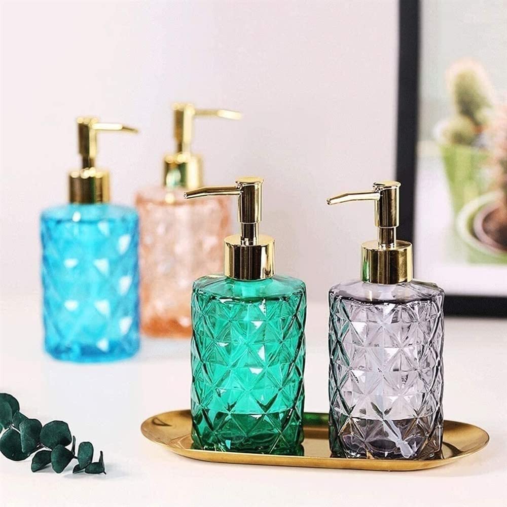Dispensador de loción, dispensador de jabón líquido, vaso de vidrio con bomba de acero inoxidable, diseño de cristal transparente, botella de ducha vintage y elegante (azul: tamaño A 330 ml)