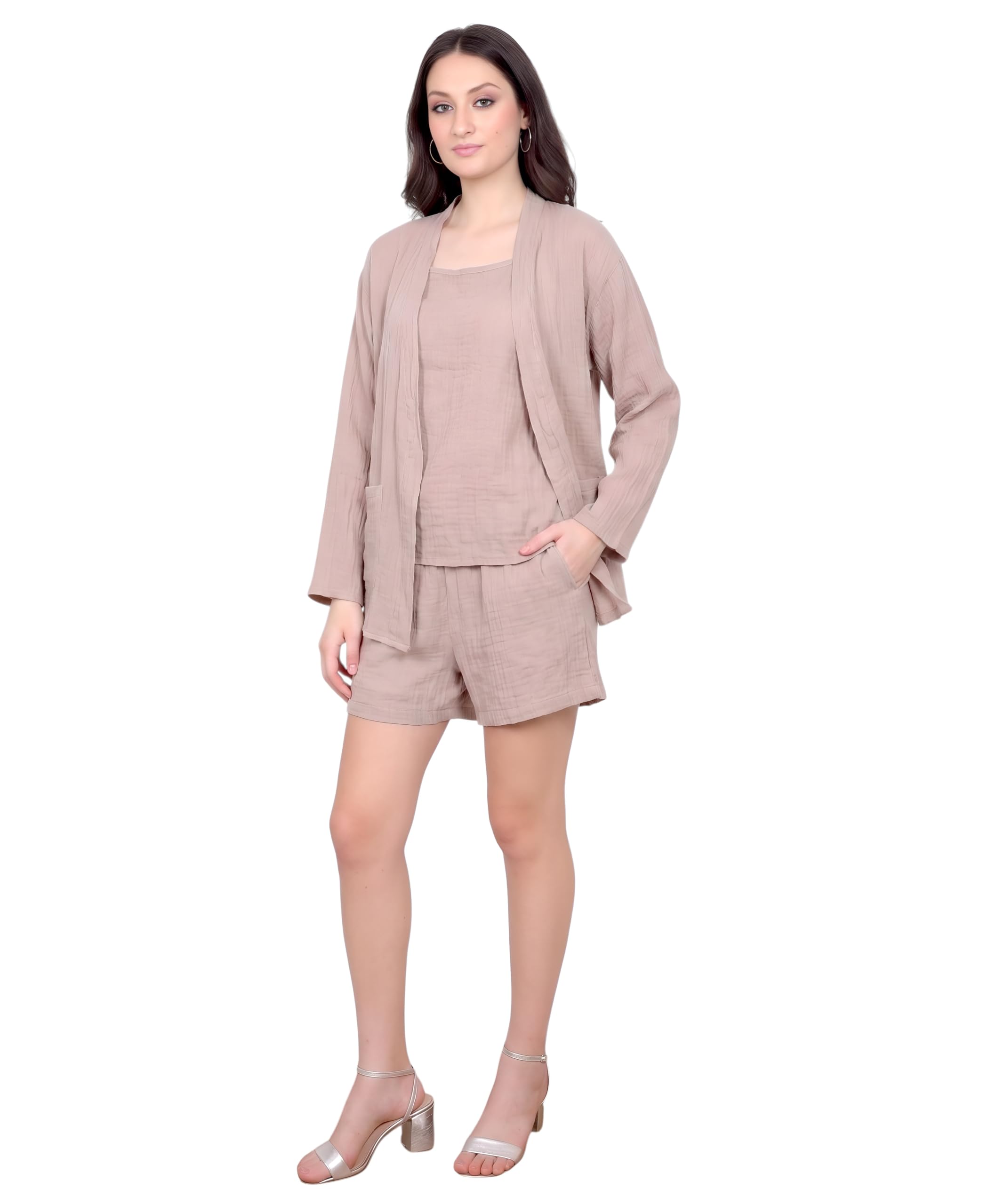Women Solid Cotton Co-Ord Set with Inner Top, Shrug & Shorts-image-40