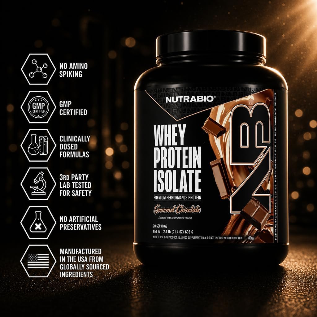 NutraBio 100% Whey Protein Isolate Protein Powder, 25g Protein with Complete Amino Acid Profile, Non-GMO, Soy & Gluten Free, Low Carb, Low Calorie Whey Protein Powder, Gourmet Chocolate, 20 Servings image 5