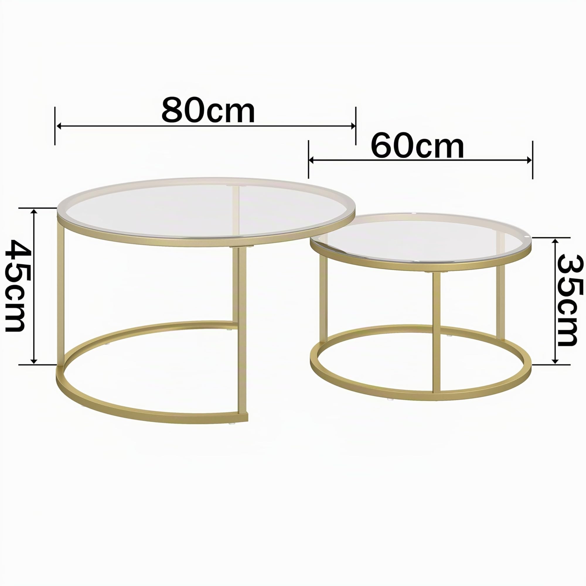 Set di 2 Tavolino da Caffè in Vetro, Rotondo Impilabile per Soggiorno, Gambe in Metallo Dorato, Tavolino Soggiorno Moderno 80x45 cm + 60x35 cm (Vetro+Oro)