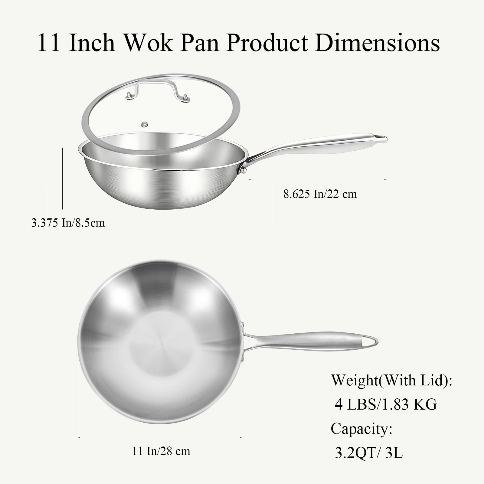 Inqibee Wok Inox 18/10 28 cm, Sans Revêtement, Sans PFAS/PFOA, Induction | Acier 18/10 sain, structure triply, compatible tous feux, passe au four et lave-vaisselle, chauffage uniforme et longue durée