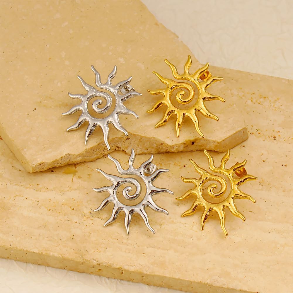 Dreuyet Golden Sun Stud Earrings for Women Punk Unique Chunky Spiral Sun Earrings Vintage Statement Sunburst Prom Party Accessories Jewelry Gifts - Image 3