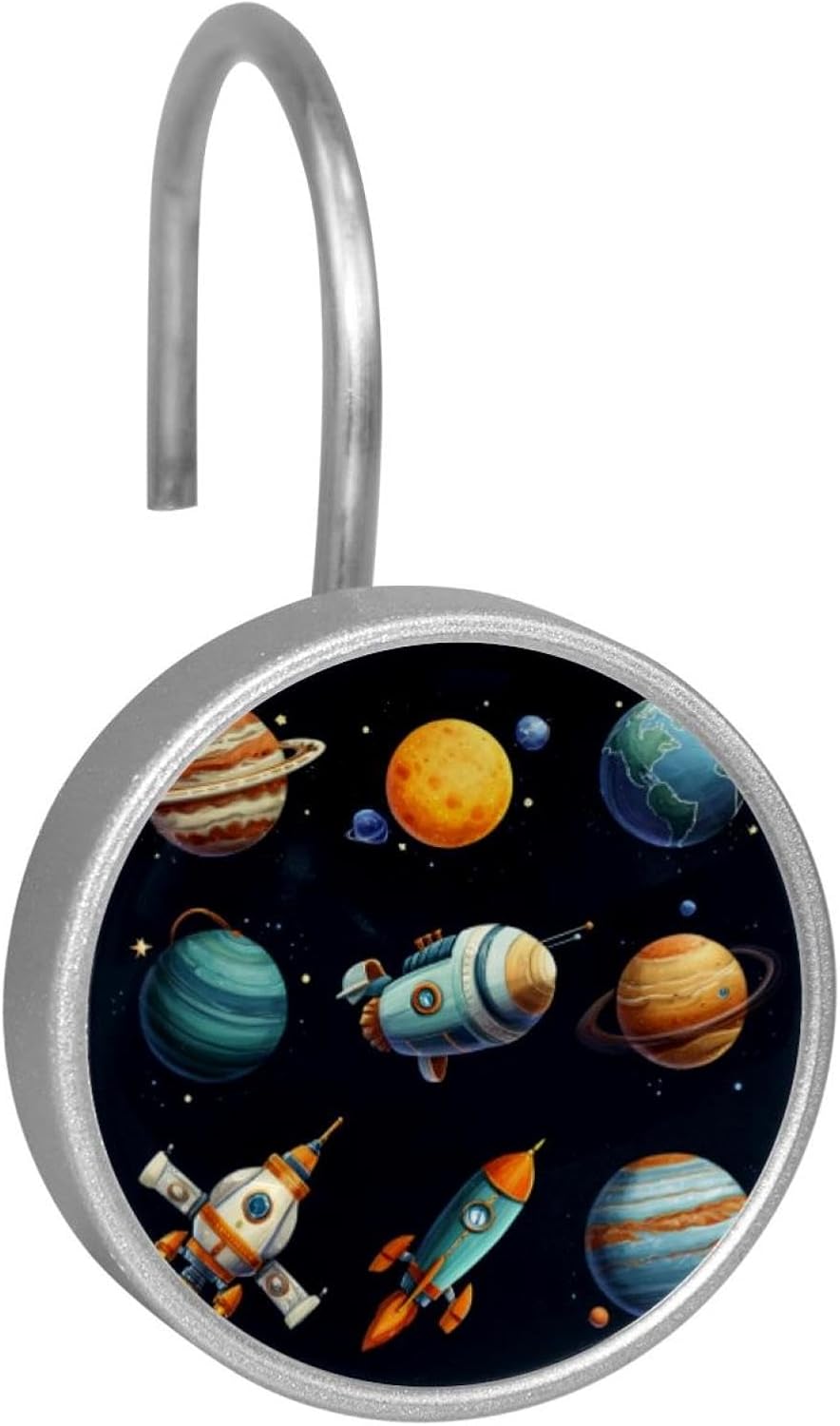 12PCS Space Planets Spaceship Rockets (3) Shower Curtain Hooks Metal Rust Resistant Decorative Shower Curtain Hooks Bathroom Decorations