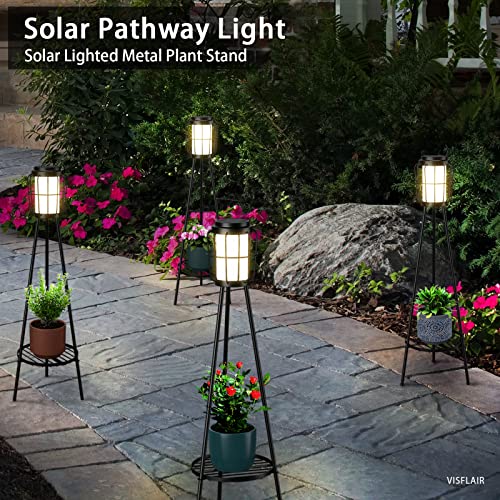 Visflair Metal Solar Floor Lamps Outdoor With Plant Stand, 2 Pack Waterproof Solar Lantern Lights For Patio Deck Yard Garden Porch (Black) #TOP6