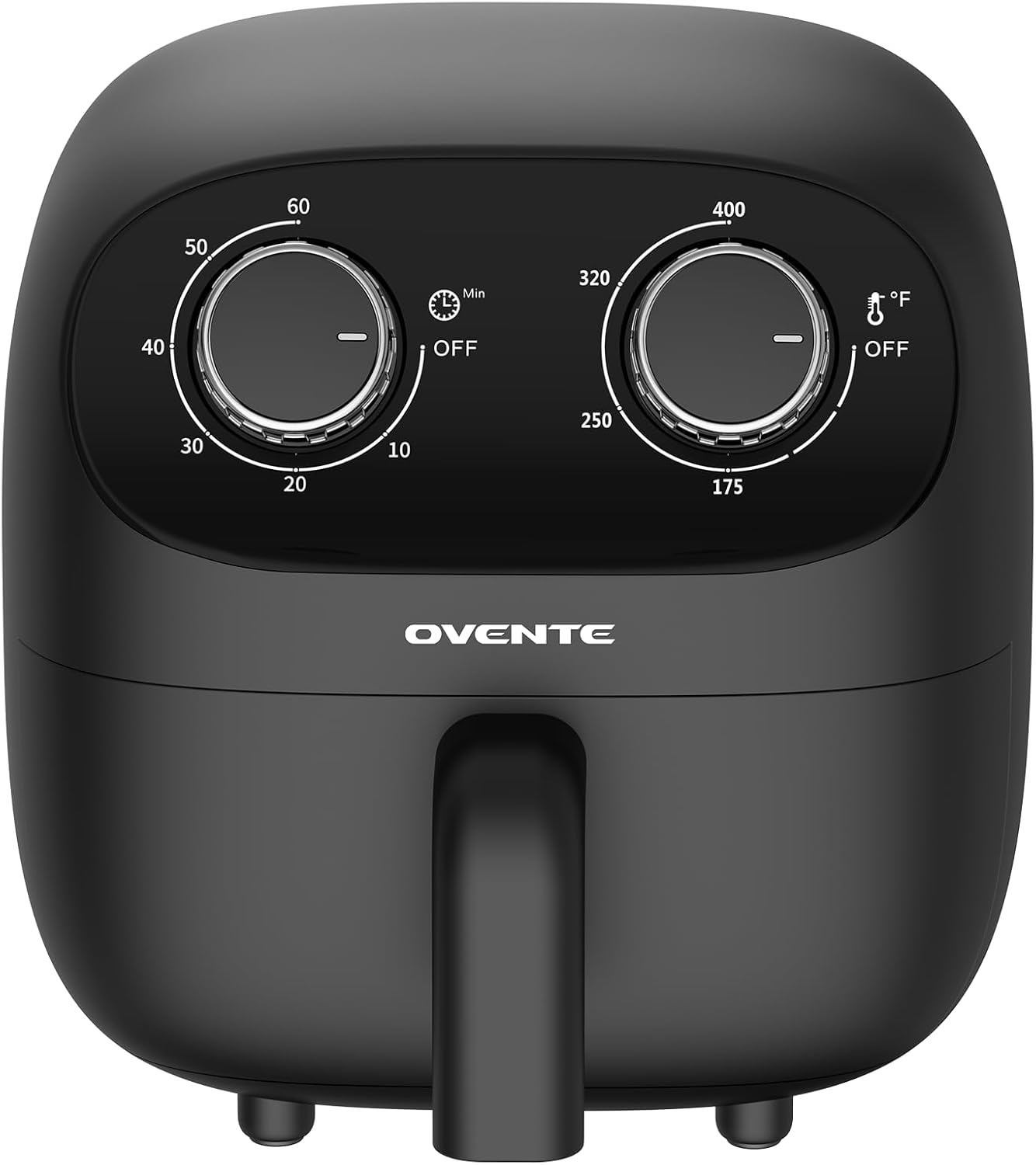 OVENTE 2QT Compact Air Fryer for 1–2 People, 900W Small Oil-Free Fryer with Manual Dual Knobs, Adjustable Temperature, 60 Minute Timer, Auto Shutoff & Dishwasher Safe Nonstick Basket, Black FAM18900B