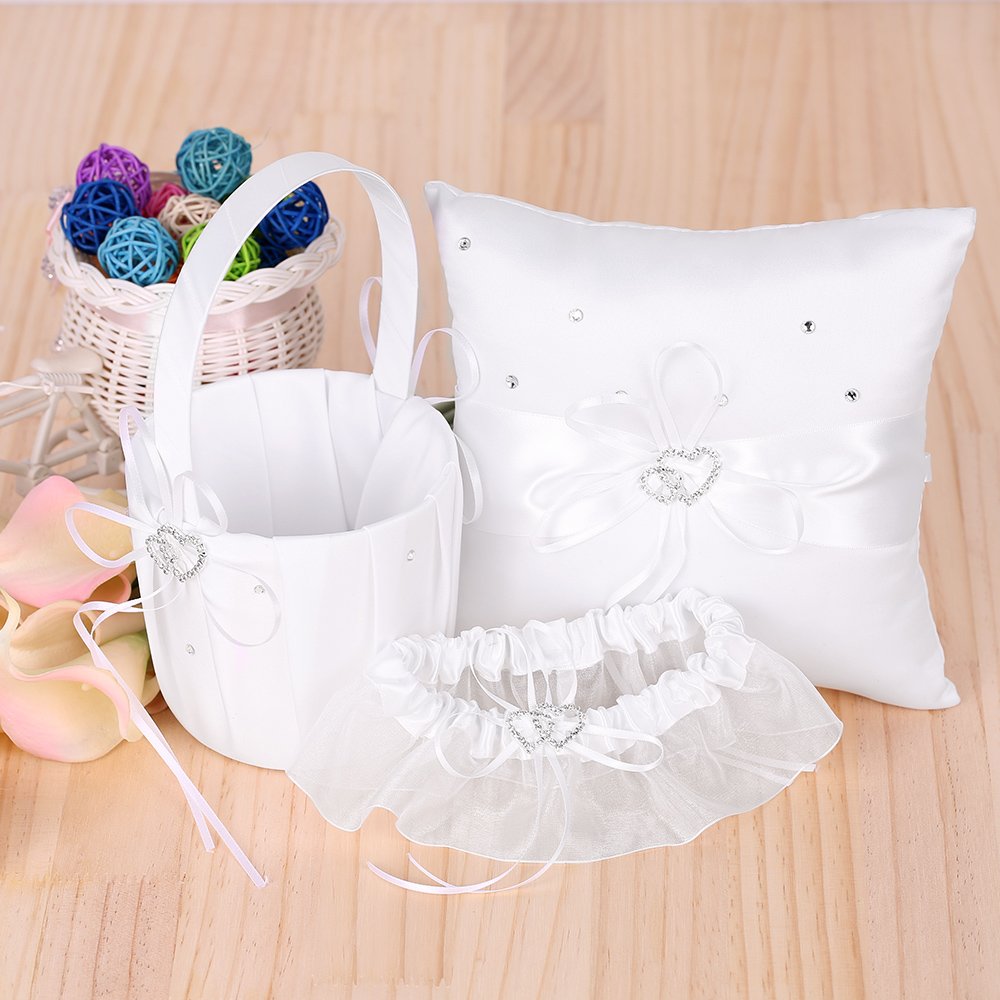 5-teiliges Hochzeitszubehör-Set, Blumenmädchen-Korb aus Satin mit doppeltem Herz, 17,8 x 17,8 cm großes Ringträgerkissen, Gästebuch, Stifthalter und blaues Strumpfband für die (Weiß)