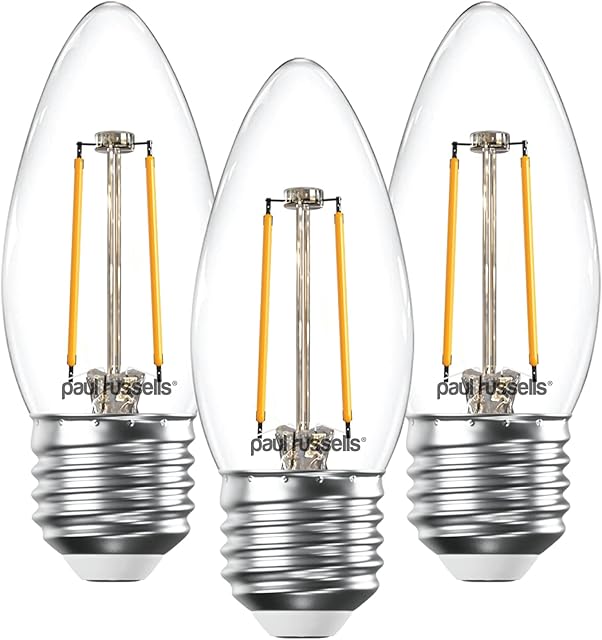 paul russells LED Filament Candle Light Edison Screw E27, 25w Equivalent C35 LED Bulbs, 2.5W 250LM, 2700K Warm White, Ceiling Chandelier Fitting Energy Saving Lightbulbs, Pack of 3