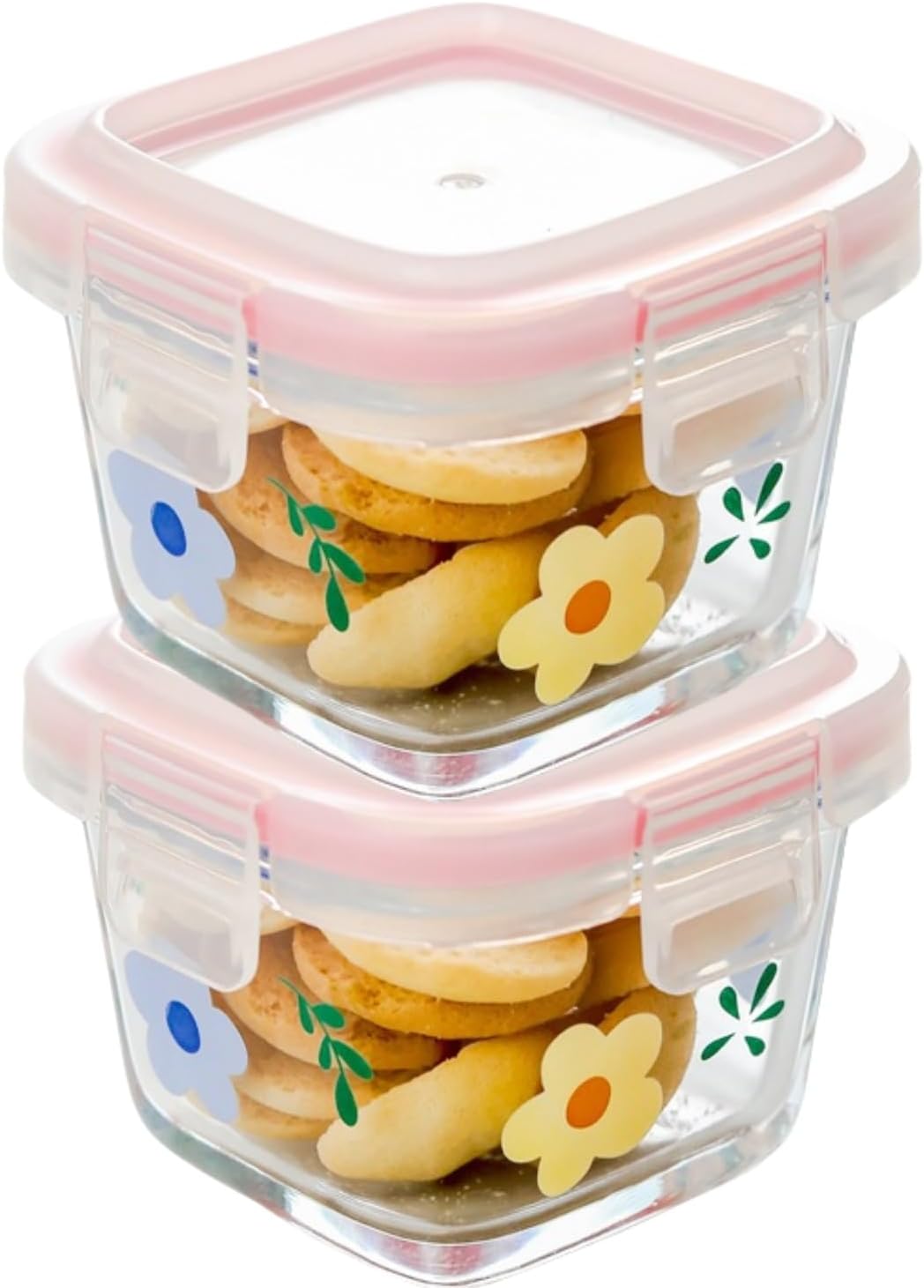 2 Pack 4 OZ Small Square Glass Containers with Lids, Floral Food Jars Airtight Glass Food Container for Sauce,Snack,Yogurt,Dressing,Dip,Dessert,Freezer Microwave Safe