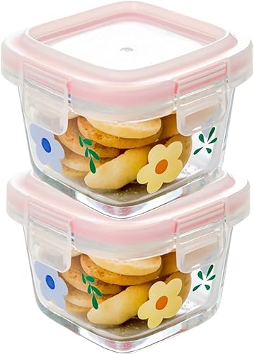 Paquete de 2 recipientes de vidrio cuadrados pequeños de 4 onzas con tapas, tarros de alimentos florales herméticos de vidrio para salsa,