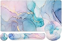 Youarenoble 4-in-1 Ergonomic Gaming Desk Pad Set: Mouse Pad Wrist Rest, Keyboard Rest, Coaster - Blue Marble for Office & Gaming