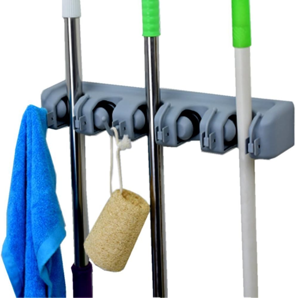 Mop and Broom Holder, 5 position with 6 hooks garage storage Holds up to 11 Tools,Effortless Installation (Screws Included). (5 position 6 hooks)