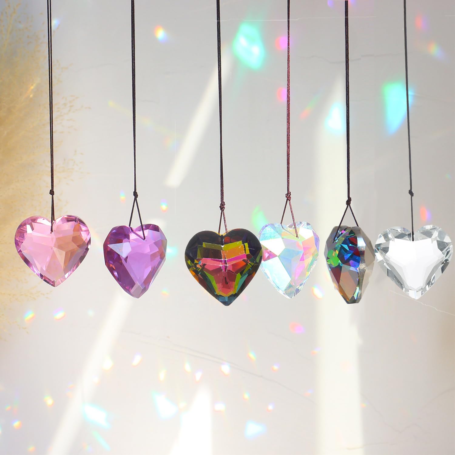 6 Herz-Kristall-Sonnenfänger – Bunt, Mit Aufhängung, Für Fenster, Garten & Weihnachtsbaum