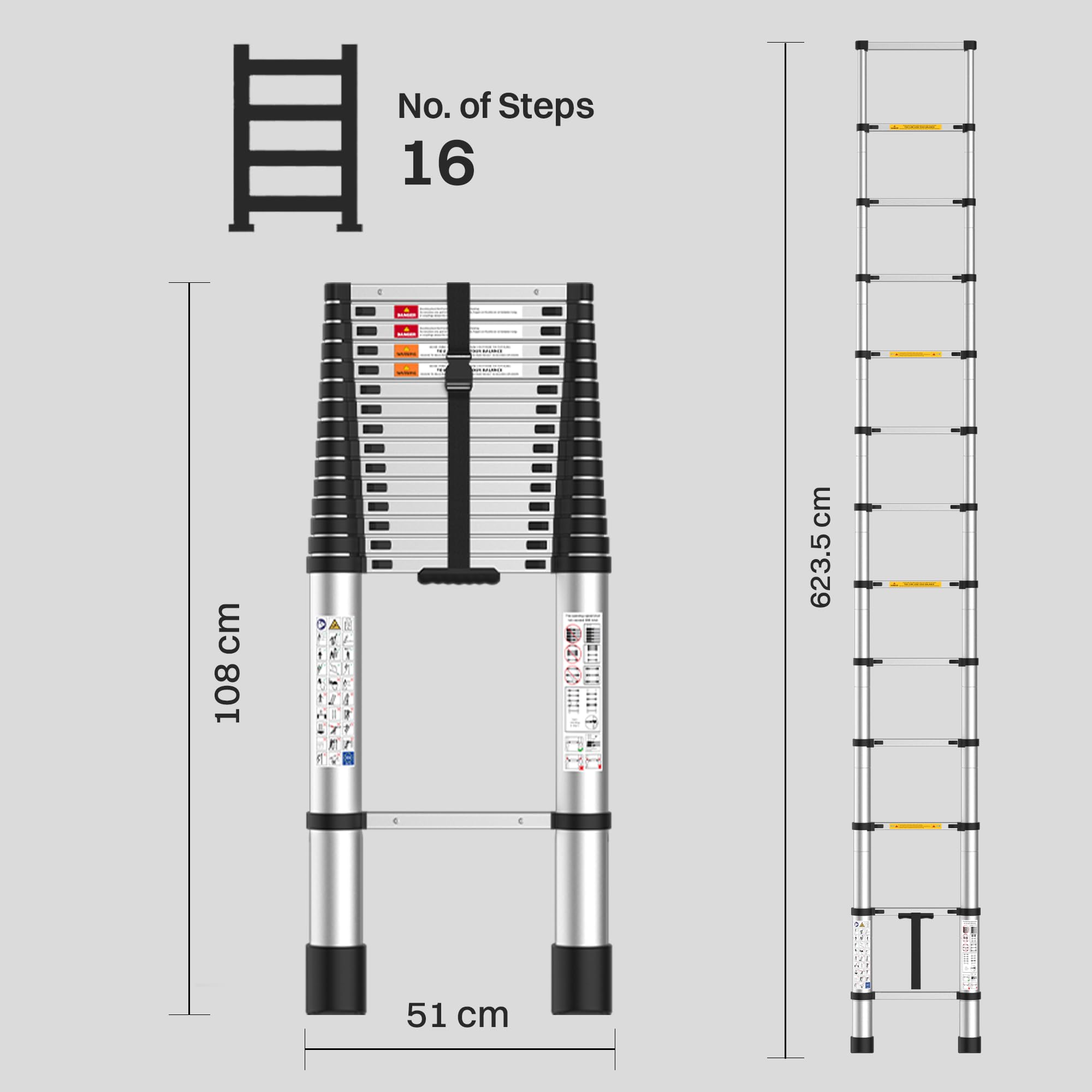 BonKaso VertiPro Telescopic Ladder - 20.5ft, 16 Steps -8