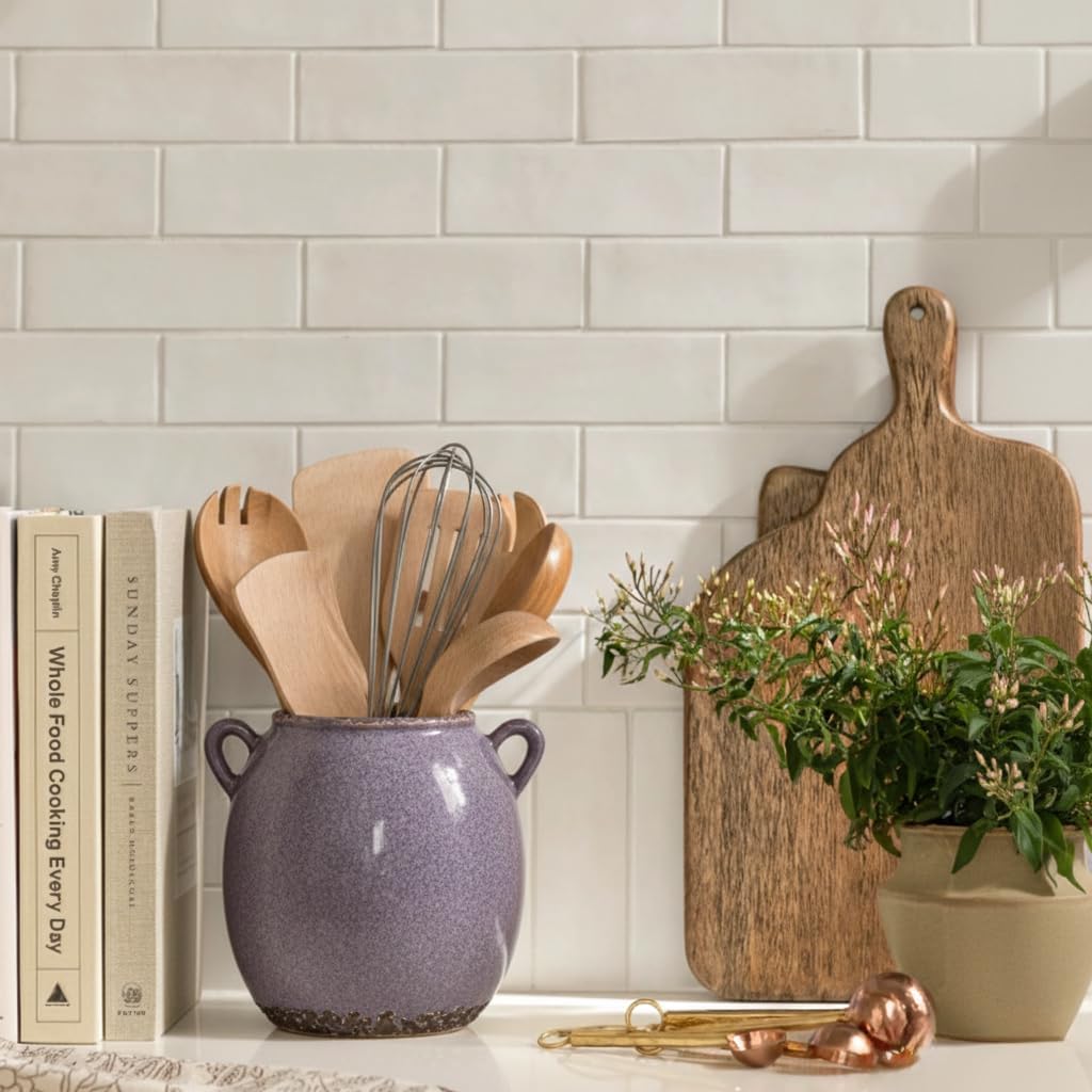 JIEMEI HOME Kitchen Utensil Holder with Handle, 6.69" Ceramic Farmhouse Stable Utensil Crock for Countertop, Cooking Tool Organizer with Cork Bottom, Spatula Holder For Kitchen Decor, Purple