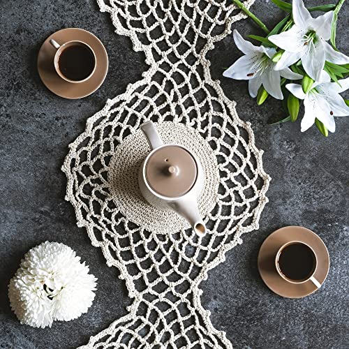 Macrame Table Runner, Boho Style, Mandala Design. Handmade From 100Percent Cotton Cord. Perfect Wedding, Christmas Decor For Home Occasions. 78X14'' Of Premium, Durable Knotting, Off White #TOP4