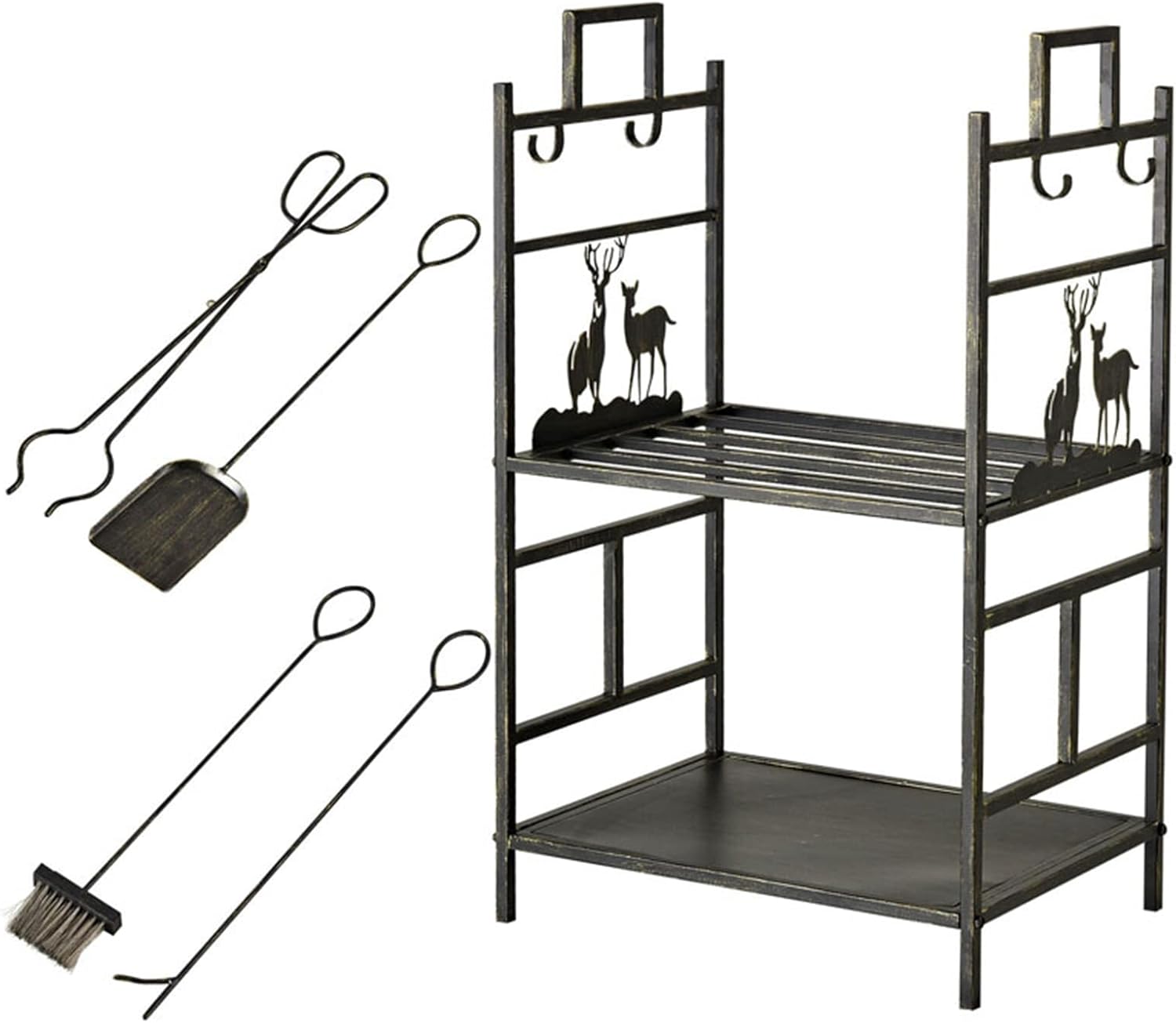 Firewood Log Rack with Fireplace Tool Set, Steel Log Storage Rack for Indoor and Outdoor Fireplace